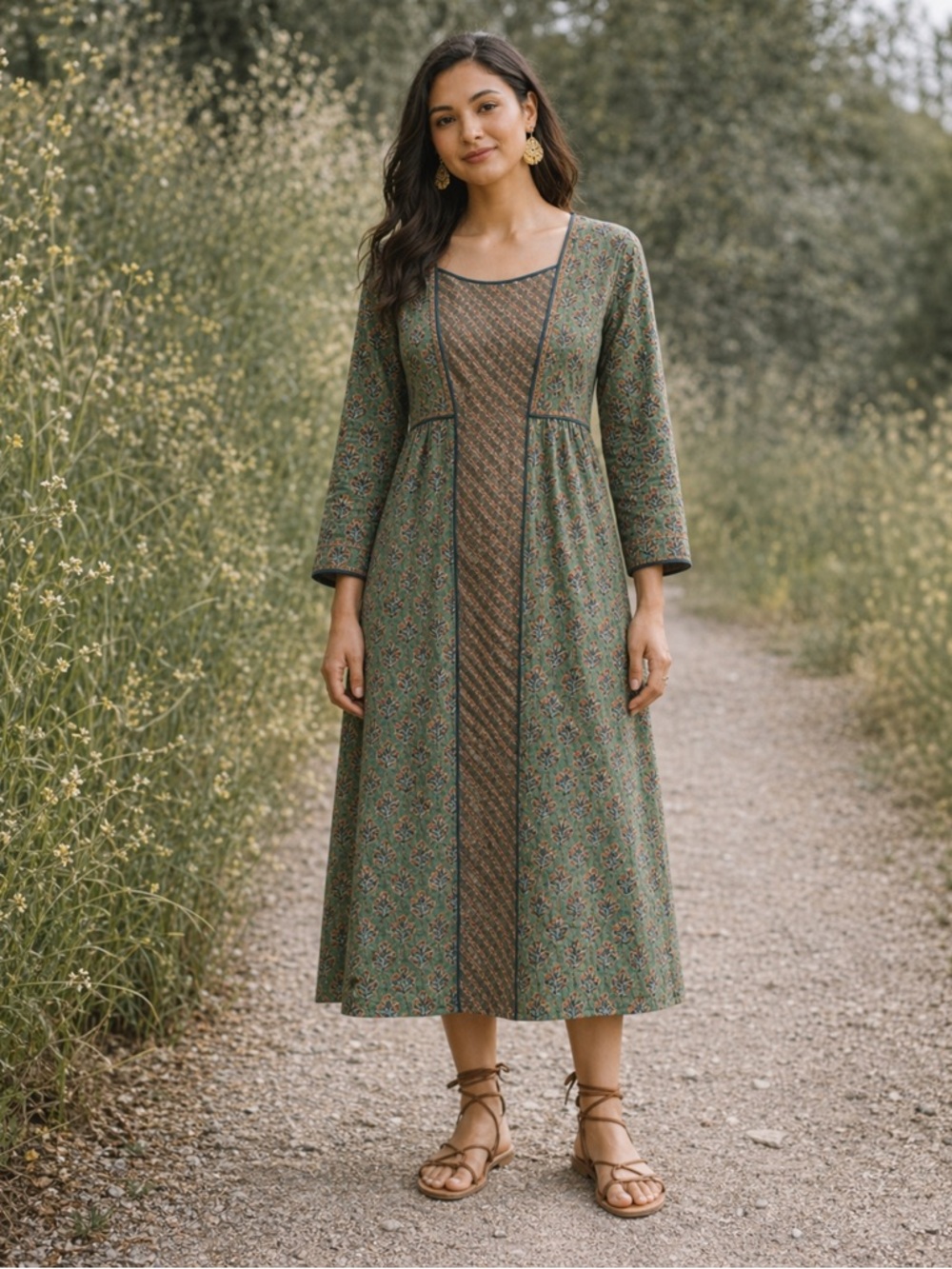 Fabindia Block Print Midi Dress Green Boho Cotton Slim Fit Medium